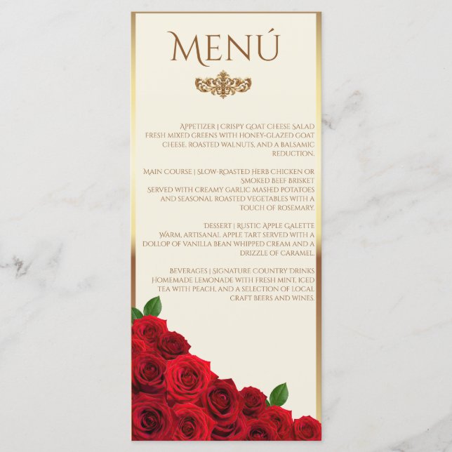 Menu Elegant Red Roses and Gold Frame Cream Wedding (Devant)