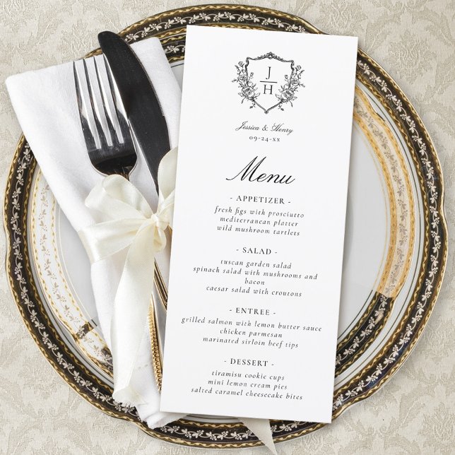 Menu Élégant Régence Floral Crest Monogramme Mariage  (Créateur téléchargé)