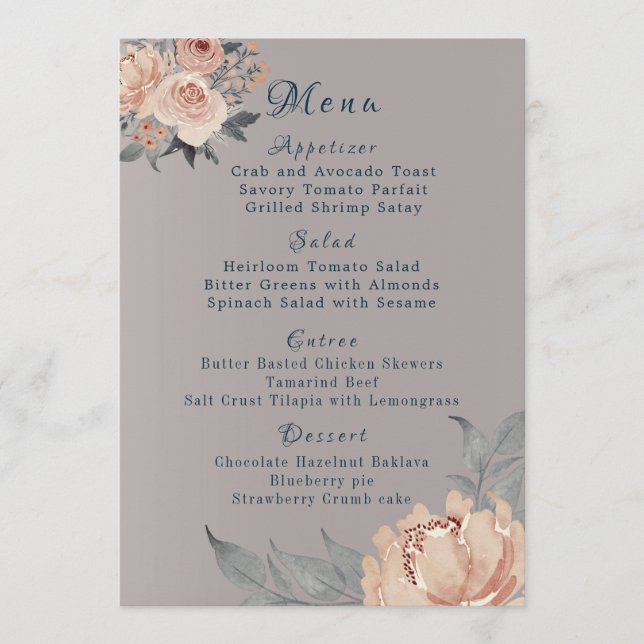 Menu Élégant Romantique Blush Gris Coral Mariage Floral (Devant)
