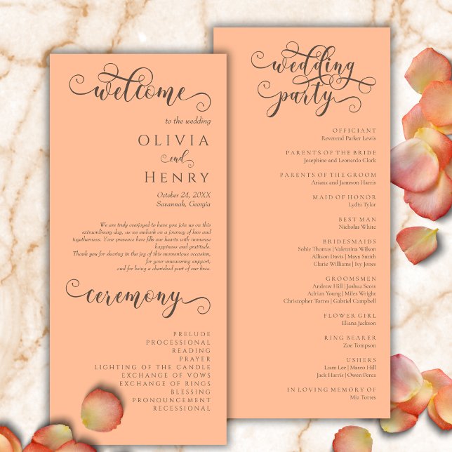 Menu Élégant romantique Calligraphie Peach Wedding Prog (Créateur téléchargé)