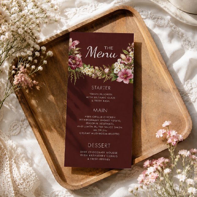 Menu Élégant Romantique Rouge Floral Rustique   (Créateur téléchargé)