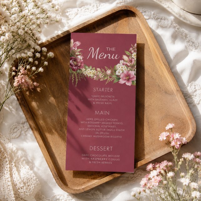 Menu Élégant Romantique Rouge Floral Rustique   (Créateur téléchargé)