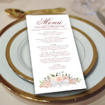 Menu Elégant rose Aquarelle Floral Boho Chic Mariage<br><div class="desc">Ce beau menu ajoutera un peu de style à votre réception de mariage. Il présente un beau design boho chic floral avec un ensemble de roses d'aquarelle peints à la main et des fleurs dans les tons rose roux, pêche au corail, mauve, ainsi que des sprigs de feuilles d'eucalyptus et...</div>