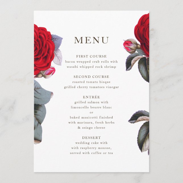 Menu Élégant rose de fleurs rouges. Mariage Chic d'été (Devant)