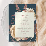 Menu Élégant Rose d'ivoire floral or Mariage Turquoise<br><div class="desc">Ce menu de mariage élégant présente un bouquet luxuriant et romantique en ivoire avec fausse feuille d'or rose et feuillage de parties scintillant sur un arrière - plan bleu turquoise. Customisez le texte rose rose dans des polices de style sur un rectangle en ivoire. Le dos de la carte est...</div>