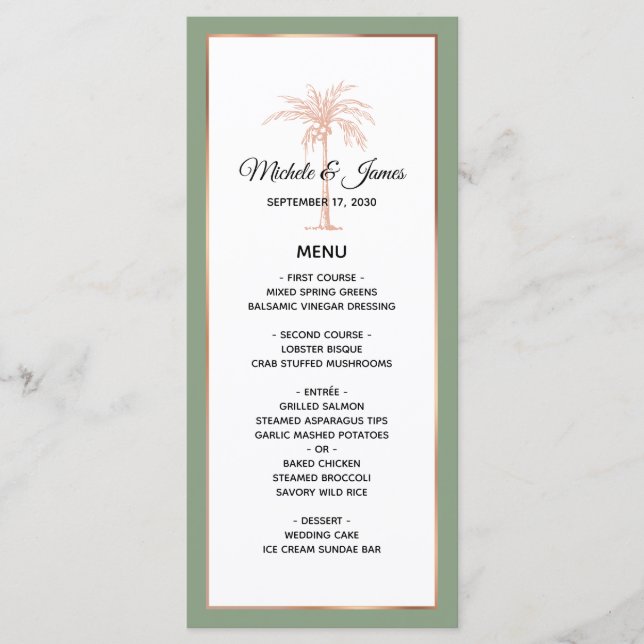 Menu Élégant Rose Doré Cuivre Arbre à Palmes Mariage (Devant)