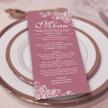 Menu Elégant Rose Dusty & White Frilly Corners Mariage<br><div class="desc">Ce magnifique menu couleur rose ou rose mauve poussiéreux ajoutera un peu de style à votre réception de mariage. Il présente un design simple mais beau avec des lettres de script élégantes et orné de boucles et de tourbillons blancs décoratifs dans les coins. Il y a de l'espace pour les...</div>