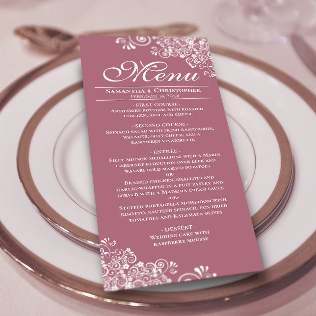 Menu Elégant Rose Dusty & White Frilly Corners Mariage (On Plate)