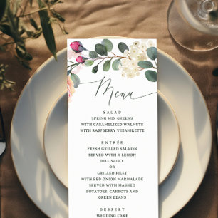 Menu Elégant Rose et vert aquarelle. Mariage floral