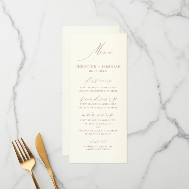 Menu Élégant Rose Gold Calligraphie Champagne Mariage (Devant/Arrière en situation)