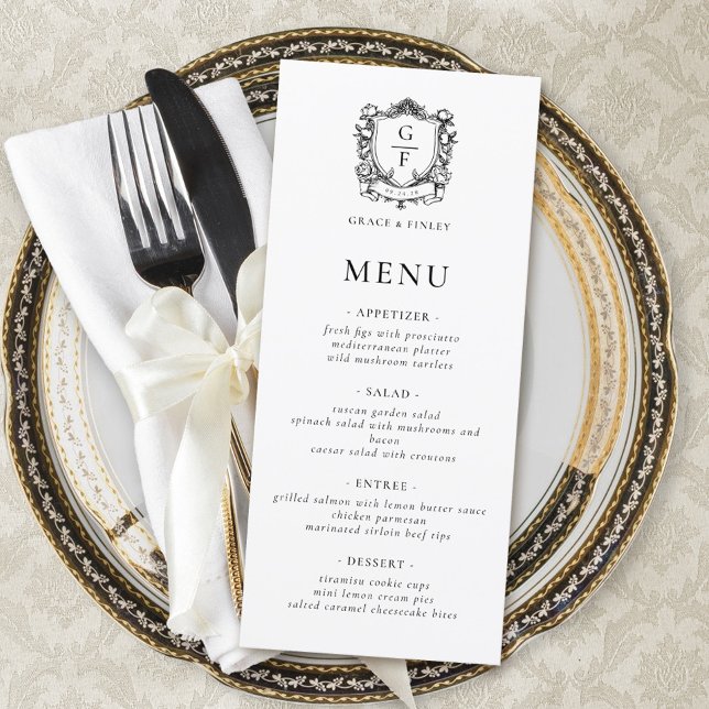 Menu Élégant Rose Monogram Crest Mariage (Créateur téléchargé)