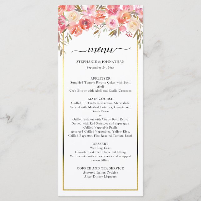 Menu Elégant rose Peach Floral Aquarelle Mariage or (Devant)