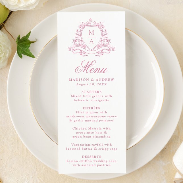 Menu Elégant Rose Quartz Floral Crest Monogram Mariage (Créateur téléchargé)