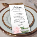 Menu Élégant rose rose rose vierge avec Mariage de réfl<br><div class="desc">Ce beau menu ajoutera un peu de style à votre réception de mariage. Il présente un design magnifique et romantique avec un seul rose rose pâle et rose pâle allongé sur son côté, se reflétant dans un bassin d'eau avec vagues et ondulations. Il y a de l'espace pour les noms...</div>