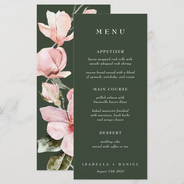 Menu Elégant Rose vert Aquarelle Magnolia Mariage (Devant / Derrière)