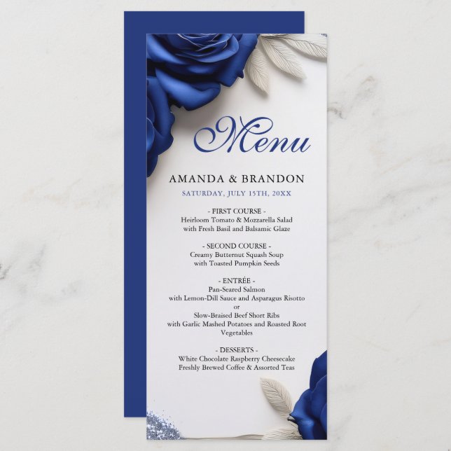 Menu Elégant Roses bleu marine et Mariage Parties scint (Devant / Derrière)