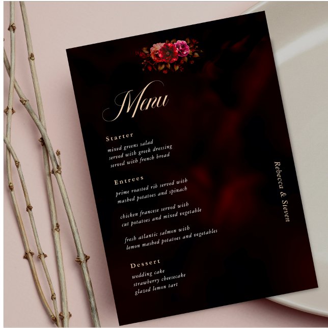 Menu Élégant rouge noir floral Mariage moody (Créateur téléchargé)
