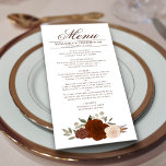 Menu Elégant rouille orange Roses Boho Mariage<br><div class="desc">Ce beau menu ajoutera un peu de style à votre réception de mariage. Il présente un beau design boho chic floral avec un ensemble de roses d'aquarelle peints à la main dans les tons de rouille orange, de bois brûlé, de pêche au corail, ainsi que des sprigs d'eucalyptus feuilles et...</div>