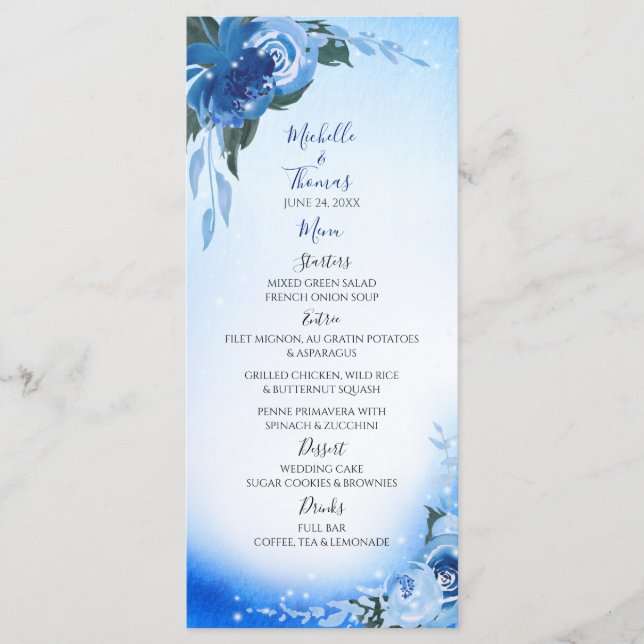Menu Elégant Royal Blue Aquarelle Floral Verdure (Devant)