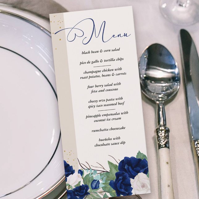 Menu Elégant Royal Blue et ivoire Rose Floral (Menu with royal blue and ivory roses and elegant calligraphy)