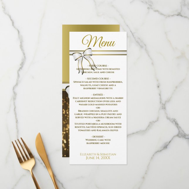 Menu Élégant Ruban Or & Mariage Festive Éperkles (Devant/Arrière en situation)