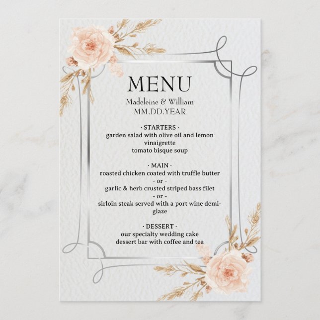 Menu Elégant Rustic Boho Fleur sauvage Mariage (Devant)