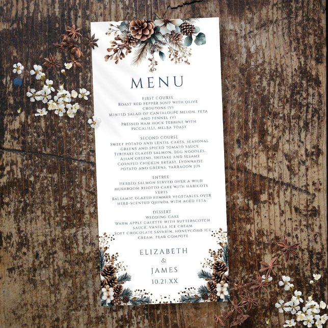Menu Élégant Rustique Fleurs de Forêt Cônes de Pin Mari (Elegant Rustic Forest Floral Pinecones Wedding Menu)