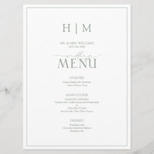 Menu Élégant Sage Green Calligraphie Monogramme Mariage
