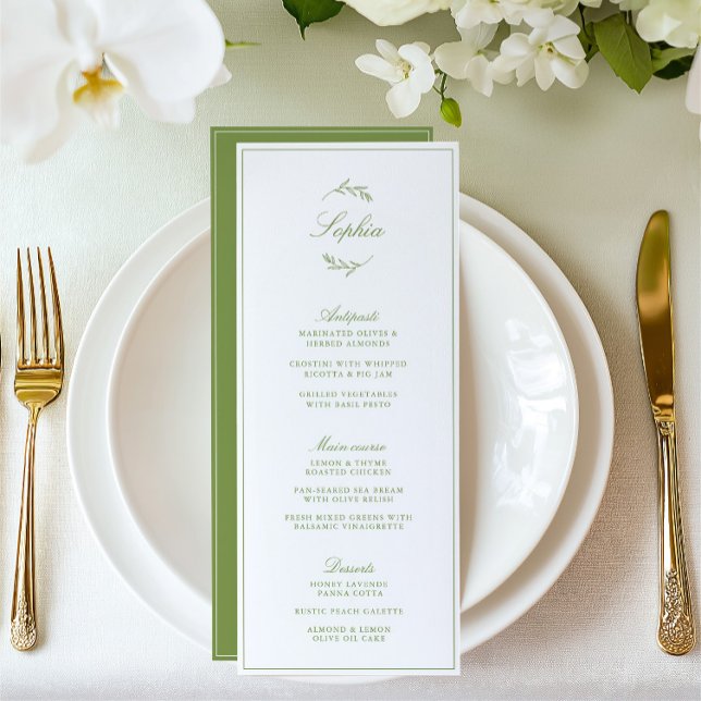 Menu Elégant Sage Green Garden Mariage Nom du client Me (Elegant Sage Green Garden Wedding Guest Name Menu)