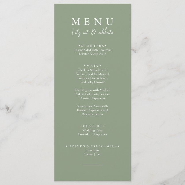 Menu Elégant Sage Green Moderne Dîner Mariage (Devant)