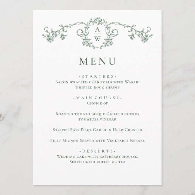 Menu Elégant Sage Vert Vintage Jardin Fleurs Mariage (Devant)