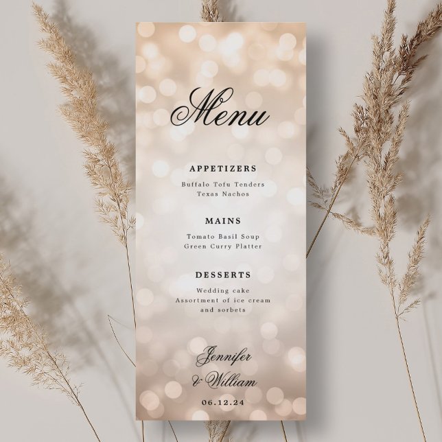 Menu Élégant Script Mariage Rose Gold Bokeh Lumières (Elegant Script Wedding Rose Gold Bokeh Lights Menu)
