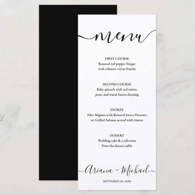 Menu Élégant Script noir blanc Mariage personnalisable (Devant / Derrière)