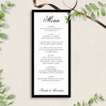 Menu Élégant script officiel Mariage noir et blanc<br><div class="desc">L'aménagement épuré et minimaliste renforce l'atmosphère luxueuse,  permettant à chaque plat de briller. Idéal pour les cravates noires ou les mariages classiques,  ce menu ajoute une touche polie et élégante à vos tables,  assurant à vos invités une atmosphère raffinée qui complète le raffinement de votre journée spéciale.</div>
