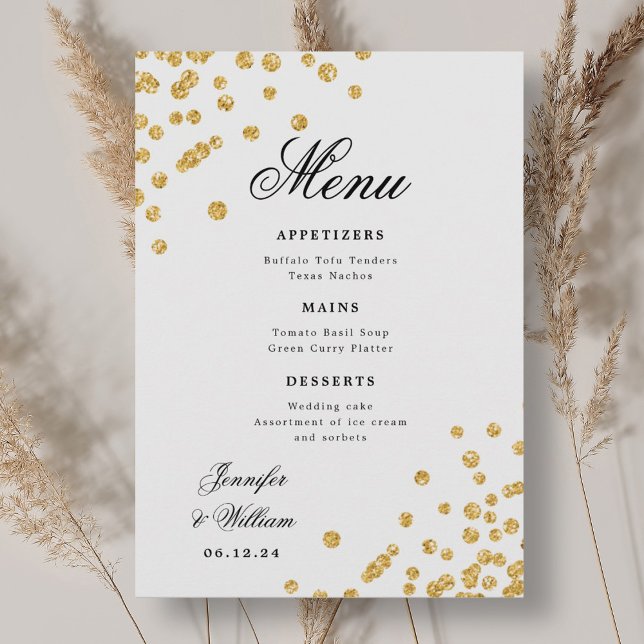 Menu Élégant Script Romantique Mariage Confetti Gold (Elegant Script Romantic Wedding Confetti Gold Menu)
