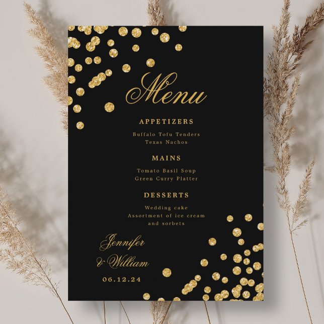 Menu Élégant Script Romantique Mariage Confetti Gold Bl (Elegant Script Romantic Wedding Confetti Gold Blac Menu)