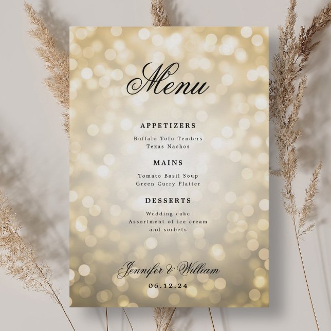 Menu Élégant Script Romantique Mariage Gold Bokeh Lumiè (Elegant Script Romantic Wedding Gold Bokeh Lights Menu)