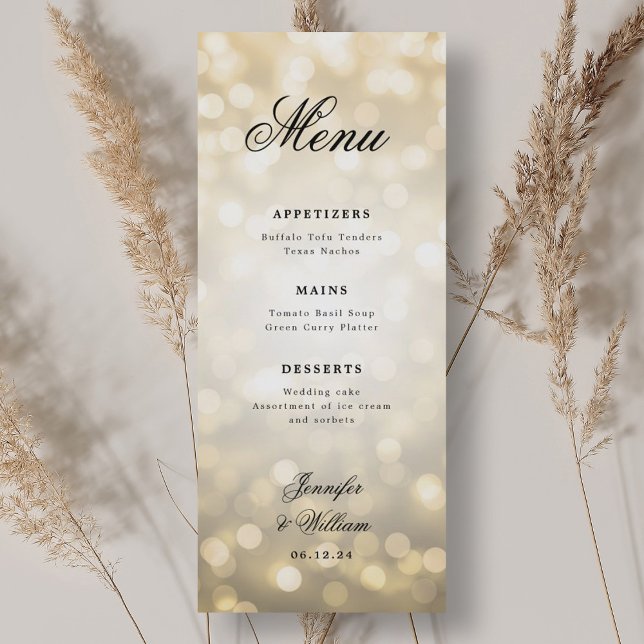 Menu Élégant Script Romantique Mariage Gold Bokeh Lumiè (Elegant Script Romantic Wedding Gold Bokeh Lights Menu)