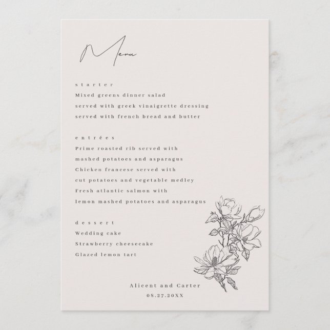 Menu Élégant Simple Avec Fleurs D'Art En Ligne Et Bordu (Devant)