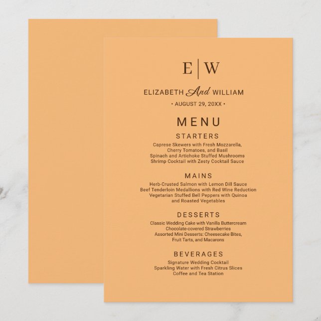Menu Élégant simple Mariage de monogramme (Devant / Derrière)