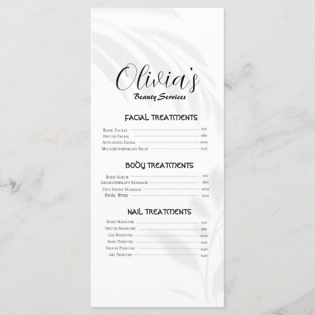 Menu Elegant Soft White Beauty Services Tarifs (Devant)