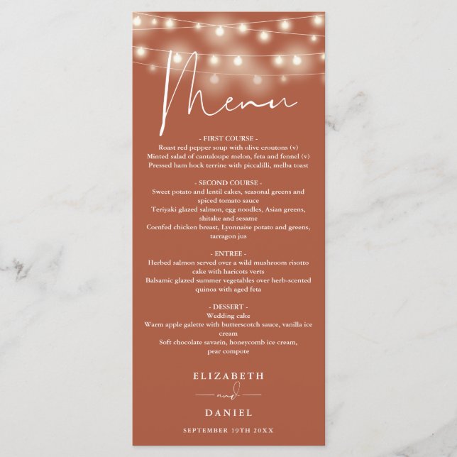 Menu Elegant String Lights Terracotta Wedding Dinner (Devant)