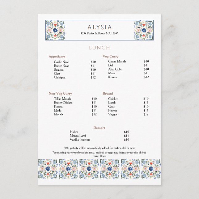 Menu Elegant Tile Design Restaurant Lunch (Devant)