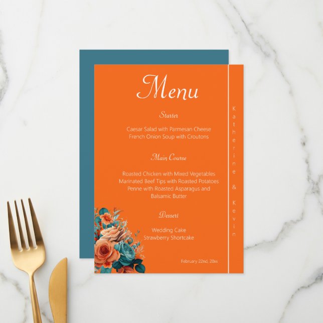 Menu Elégant Turquoise et Mariage Floral Orange (Devant/Arrière en situation)