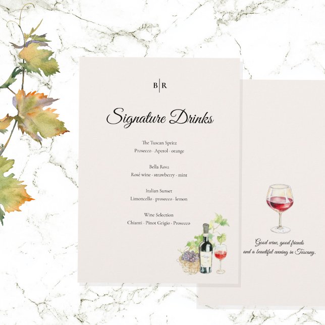 Menu Elegant Tuscany Signature Drinks Wedding Sign (Créateur téléchargé)