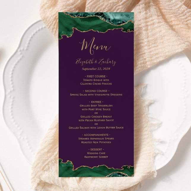 Menu Élégant Vert Émeraude Or Agate Violet Mariage (Créateur téléchargé)