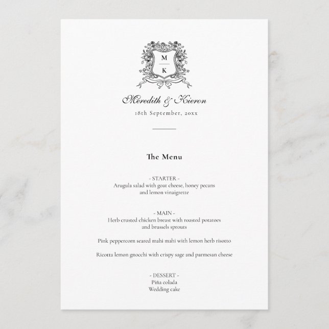 Menu Élégant Vintage Crest Line Art Merci Mariage (Devant)