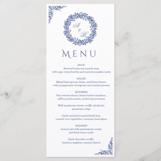 Menu Elegant Vintage French Blue Floral Wedding  (Devant)