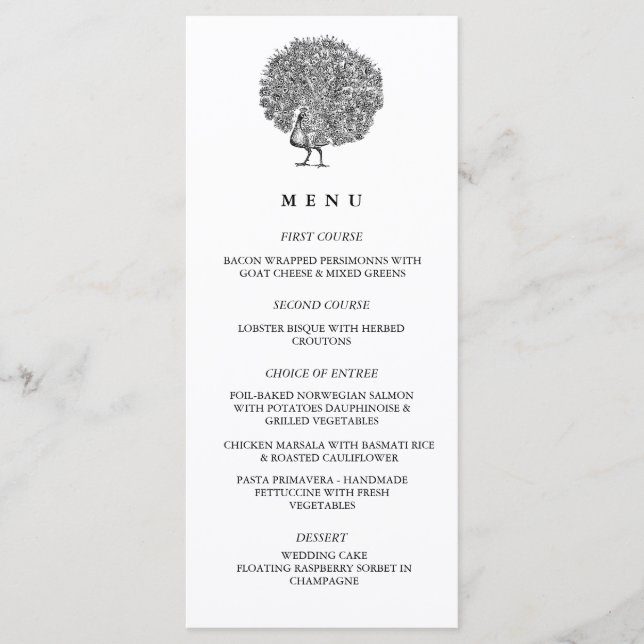 Menu Elégant Vintage Illustration Peacock Mariage (Devant)