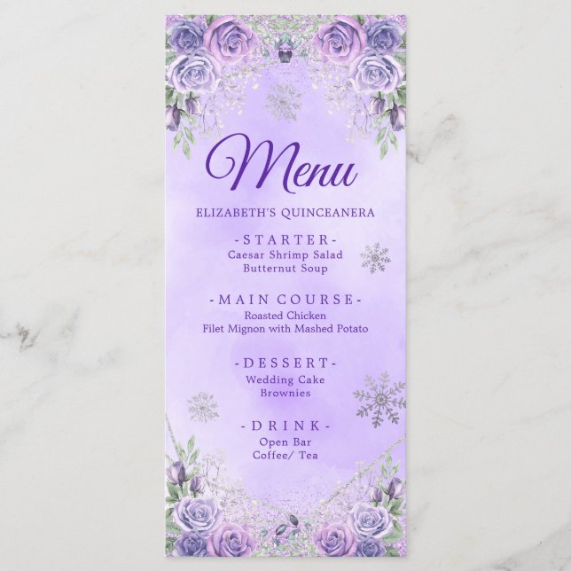 Menu Élégant violet flocon de neige Noël Mis Xv Años (Devant)